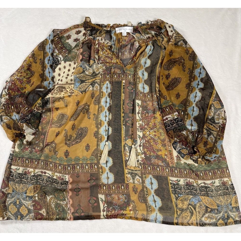 Chelsea & Theodore Womens 2X Boho Paisley Blouse Tassel Tie Neck Sheer Patchwork